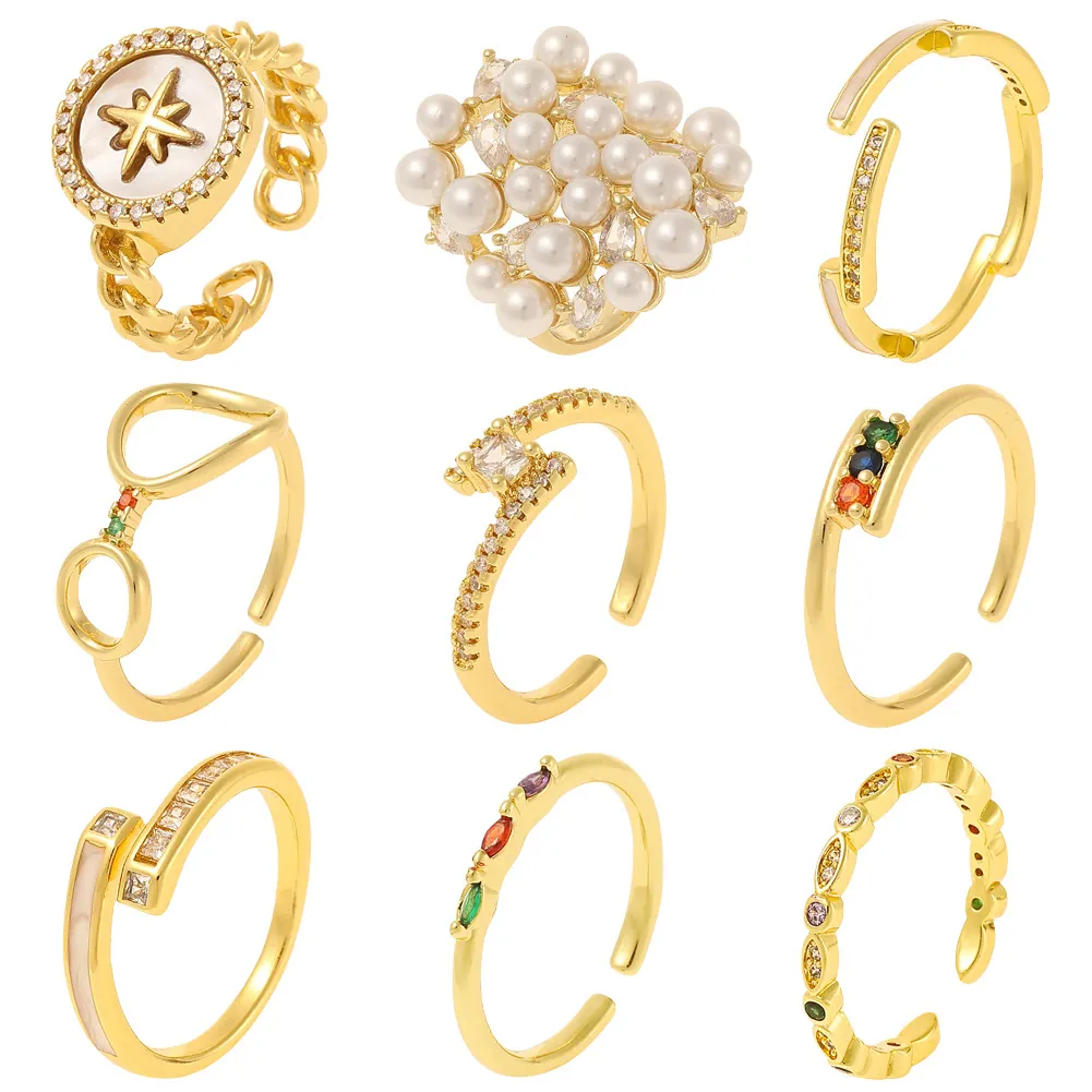 Copper Adjustable Open Rings For Women Gold Plated Micro Pave Zircon Elegant Fashion Jewelry Colorful Gemstone Artificial Pearl