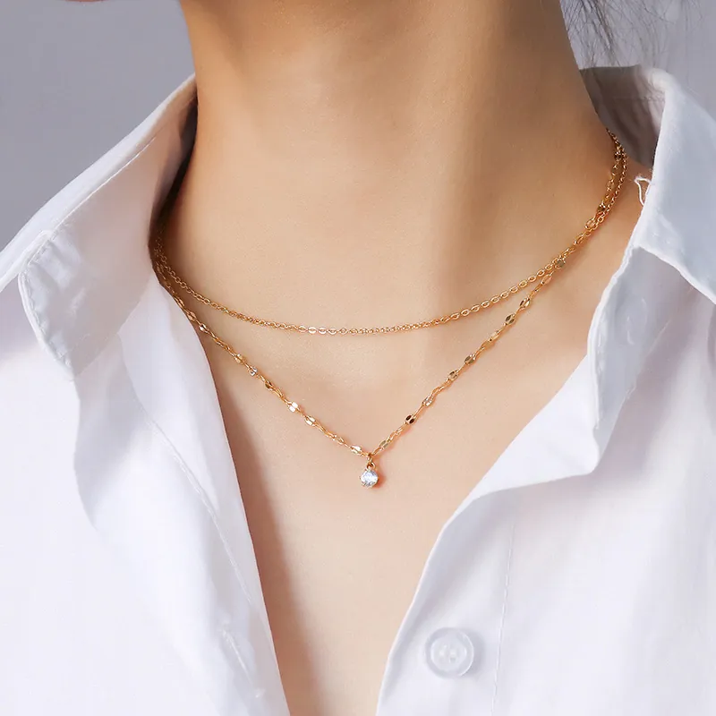 Double Layer Necklace Titanium Steel 18K Gold Plated Round Zircon Pendant Minimalist Korean Fashion Jewelry Women