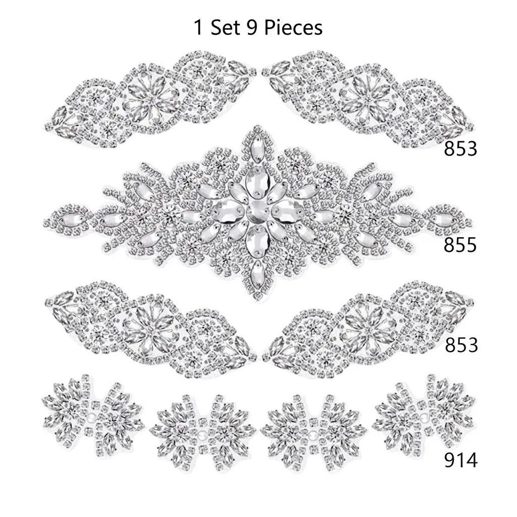 Rhinestone Applique Patches Glass Crystal Alloy Trim DIY Bridal Belt Wedding Dress Adhesive Backing Dance Decoration
