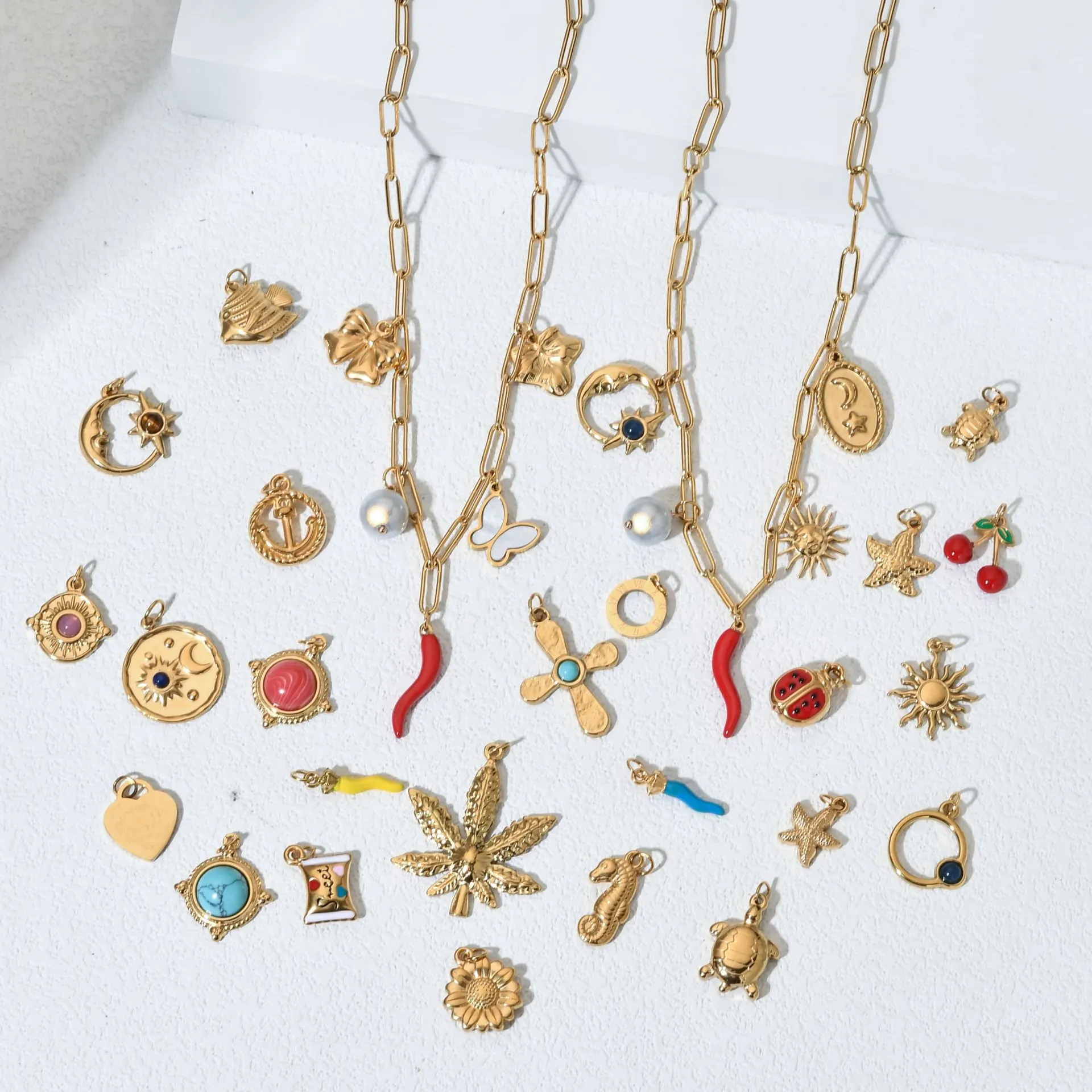 Stainless Steel Paperclip Chain Necklace With Butterfly Star Moon Red Chili Pendants Fashion Jewelry For Women