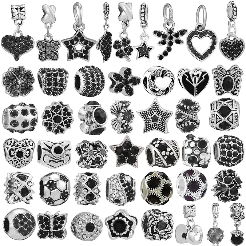 DIY Jewelry Charms Beads Black Rhinestone Alloy Heart Butterfly Star Flower Pendant For Bracelet Necklace Making