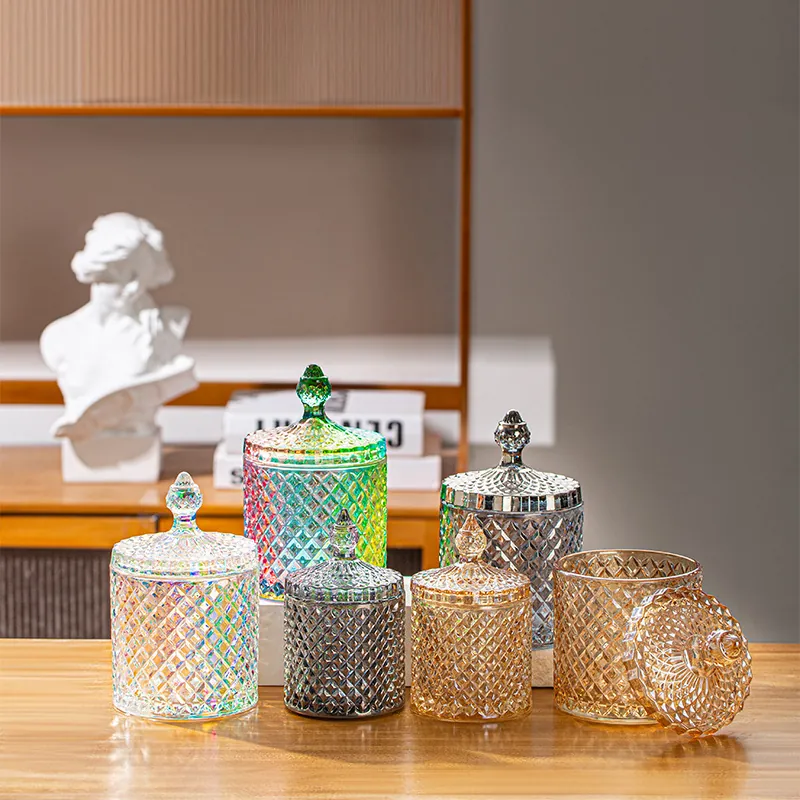 Glass Storage Jar With Lid Diamond Pattern Embossed Candy Dish Decorative Kitchen Canister
