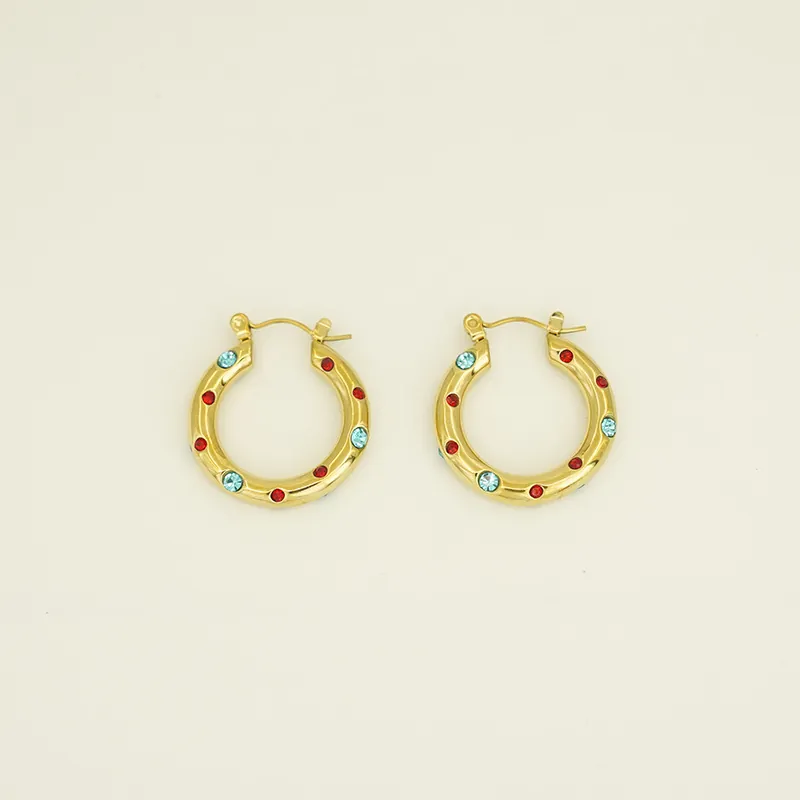 INS Style 18K Gold Silver Plated Stainless Steel Hoop Earrings With Colorful Rhinestone Inlay For Women Fashion Jewelry