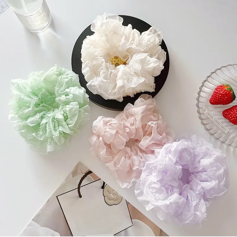 Large Ruffled Scrunchies Organza Chiffon Elastic Hair Ties Ponytail Holder Fashion Hair Accessories For Women Girls