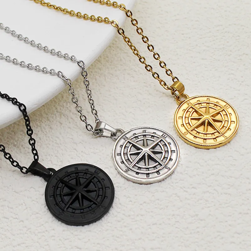 Compass Pendant Necklace Vintage Retro Stainless Steel Round Medallion Punk Jewelry Gift For Men Women