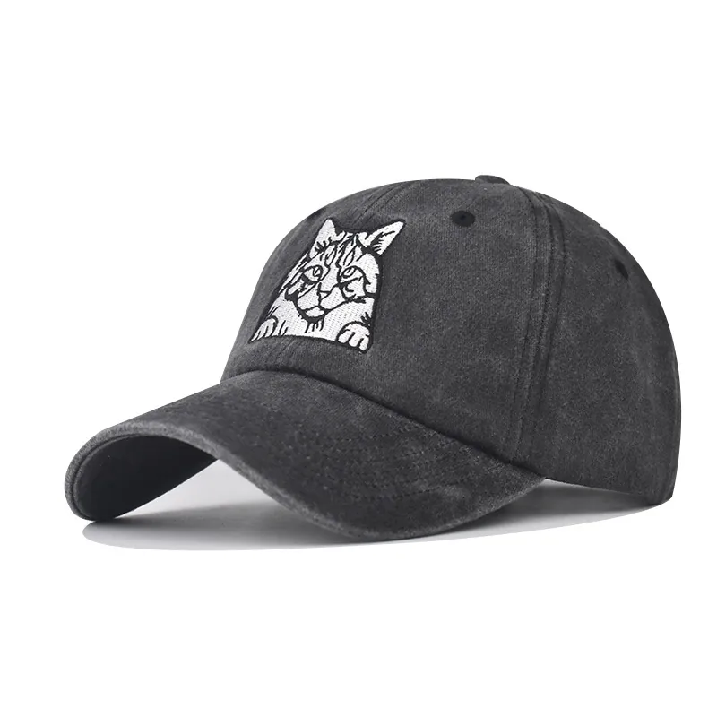 Washed Cotton Baseball Cap Embroidered Cat Dog Face Vintage Distressed Adjustable Casual Dad Hat