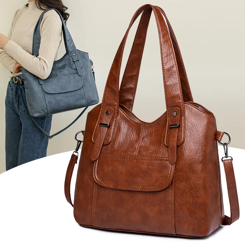 Women Large Capacity Tote Handbag Soft PU Leather Retro Shoulder Crossbody Bag Detachable Strap Front Flap Pocket Daily
