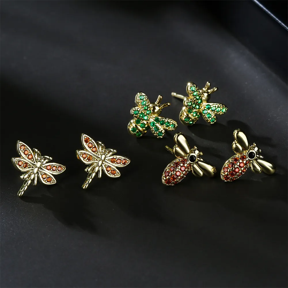 Insect Stud Earrings Copper Gold Plated Zircon Bee Dragonfly Beetle Spider Animal Jewelry For Women Girl Personality