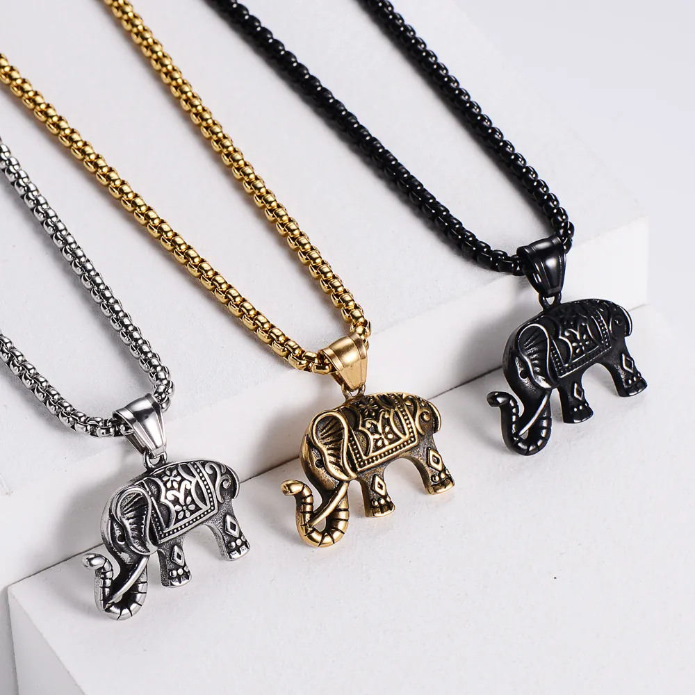 Elephant Pendant Necklace Retro Engraved Ethnic Animal Totem 304 Stainless Steel Jewelry For Men Women