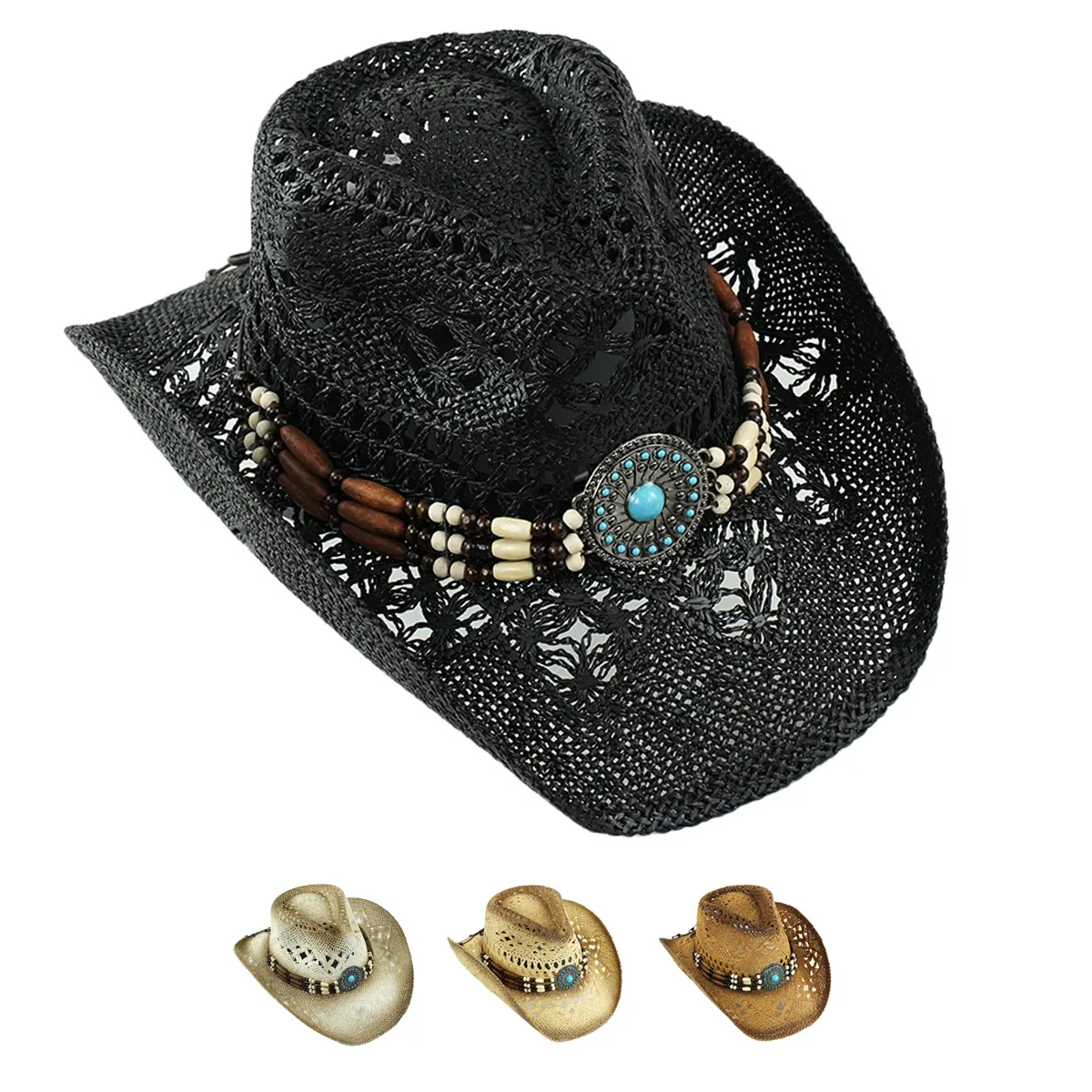 Chapeau De Cow-Boy Vintage Paille Tressée Ajourée Respirant Large Bord Avec Perles En Bois Et Turquoise Pour Plage Été