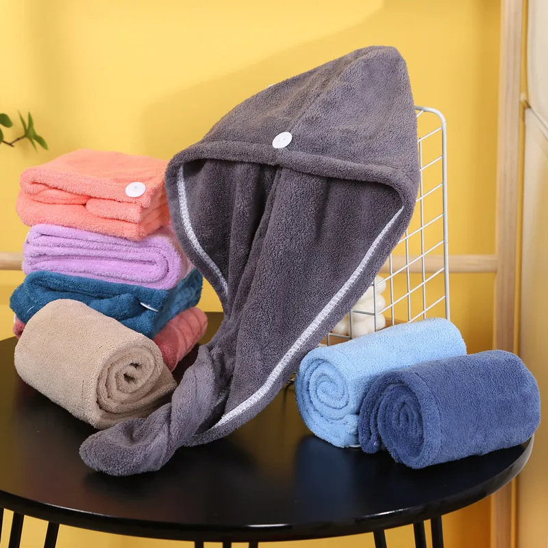 Coral Fleece Hair Drying Cap Super Absorbent Microfiber Bath Towel Turban With Button For Women Fast Drying Thickened