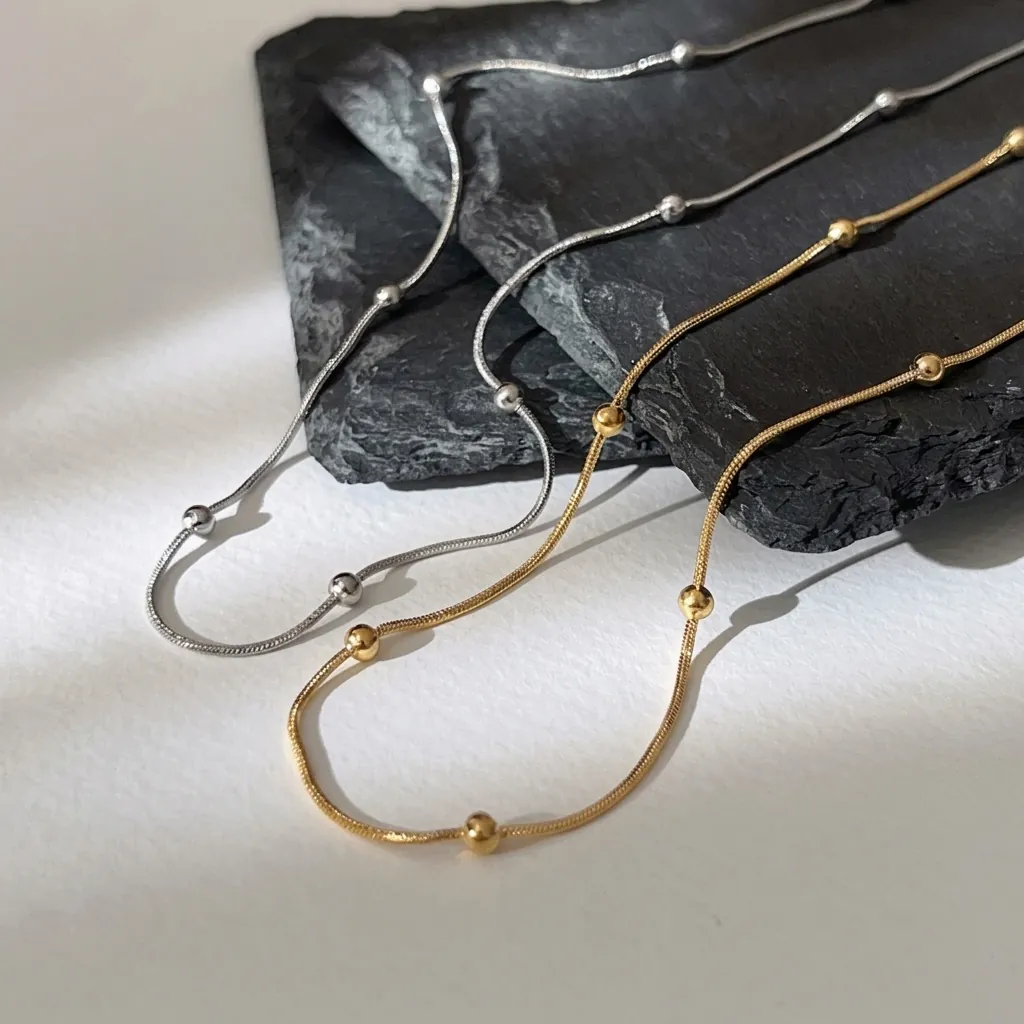 Minimalist Stainless Steel 18K Gold Plated Beaded Snake Chain Necklace For Women Geometric Round Ball Bead Choker Jewelry