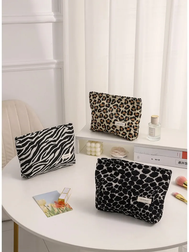 Large Capacity Makeup Bag Leopard Zebra Print Jacquard Canvas Cosmetic Pouch Travel Organizer Portable For Women