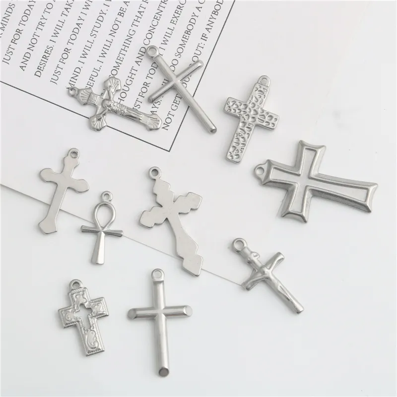 Stainless Steel Cross Pendants Religious Crucifix Ankh Charms For DIY Jewelry Making Accessories Silver Tone Metal Findings