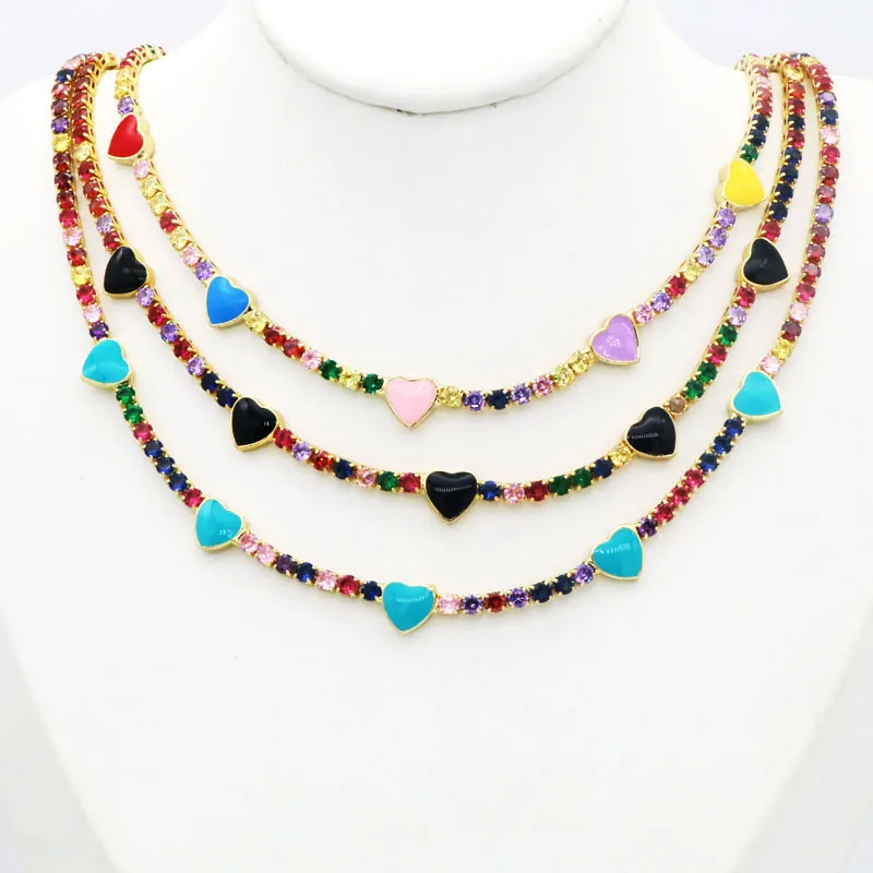 Enamel Heart Pendant Tennis Choker Necklace 18K Gold Plated Copper Colorful Cubic Zirconia For Women Jewelry
