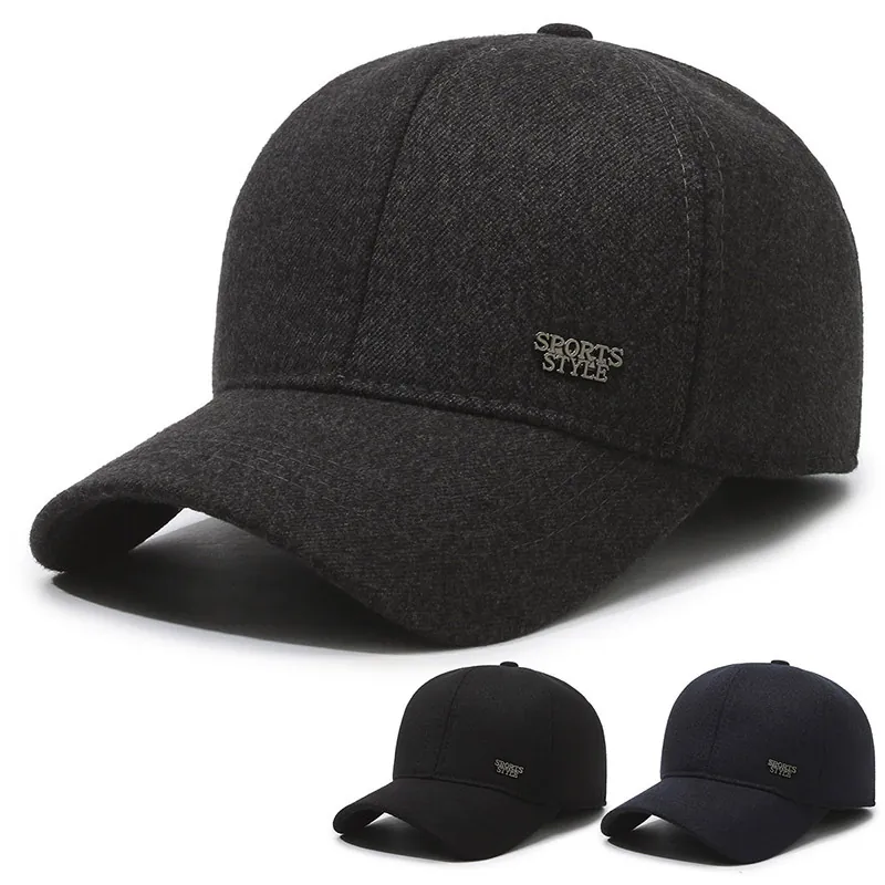 Men Winter Baseball Cap Woolen Thermal Windproof Ear Flaps Adjustable Sports Style Outdoor Casual Solid Color Hat