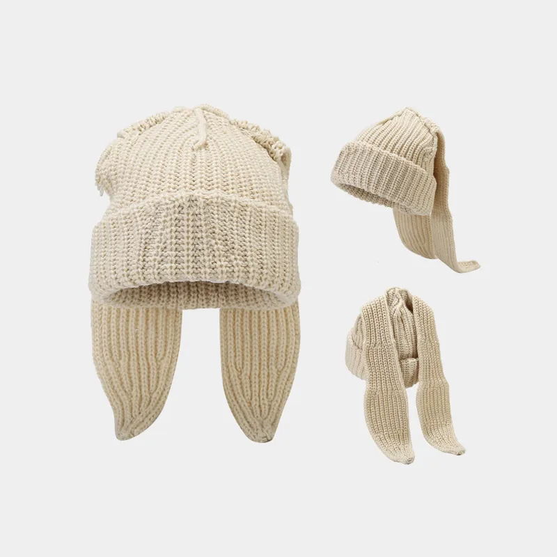 Cappello a Maglia con Orecchie da Coniglio Acrilico Termico Protezione Orecchie Berretto Invernale da Donna Moda JK Tinta Unita