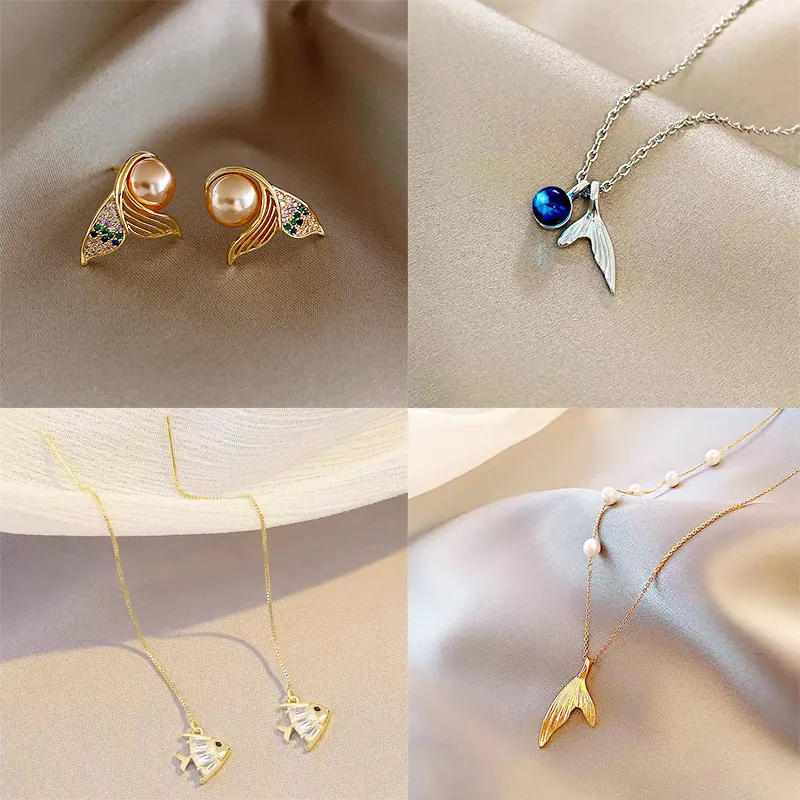 Ocean Mermaid Whale Tail Jewelry Necklace Earrings Rings Alloy Crystal Artificial Pearl Enamel Theme Accessory Women