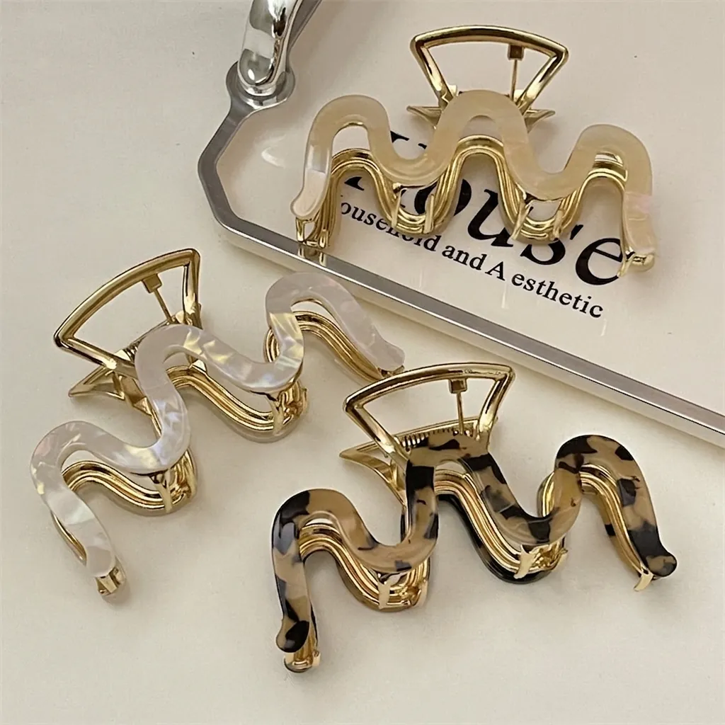 Wave Shape Hair Claw Clips Alloy Metal Acetate Tortoiseshell Pearly White Shark Clips Elegant Hairpin Accessories For Women