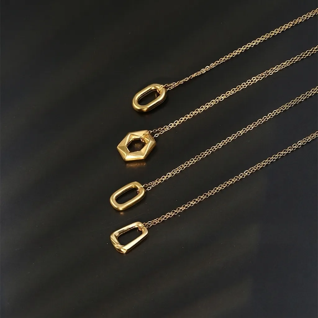 Minimalist Copper Electroplated Geometric Pendant Necklace For Women Unisex Gold Round Hexagon Rectangle Clavicle Chain Jewelry