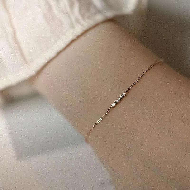 Minimalist 925 Sterling Silver Bar Bracelet With Cubic Zirconia Thin Chain 14K Gold Plated Jewelry For Women