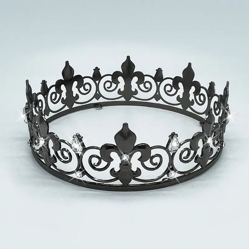 Couronne De Roi Baroque Vintage Fleur De Lis Alliage Cristal Strass Diadème Pour Hommes Femmes Luxe Mariage Fête Accessoires Cheveux