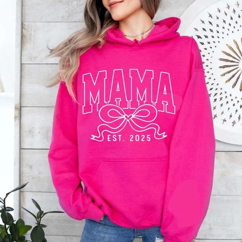 Mama Est 2025 Coquette Hoodie Polyester Fleece Lined Pullover Hooded Sweatshirt Casual Oversized For Women