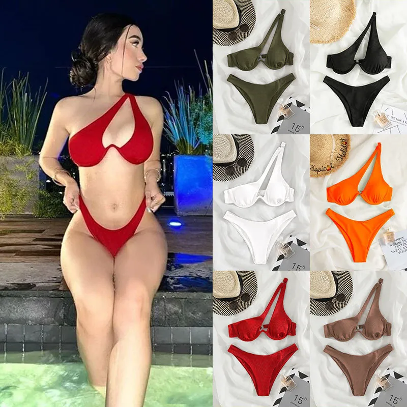 One Shoulder Ribbed Underwire Bikini Swimsuit Sexy Cut Out Two Part Bathing Suit Solid Color Beachwear For Women