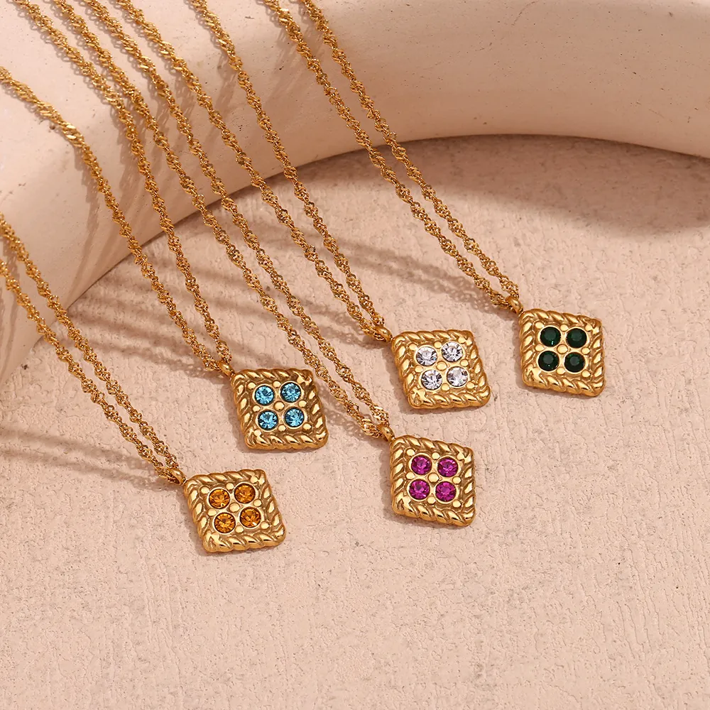 Rhombus Geometric Pendant Necklace 18K Gold Plated Stainless Steel Cubic Zirconia Inlaid French Retro Twist Rope Chain For Women
