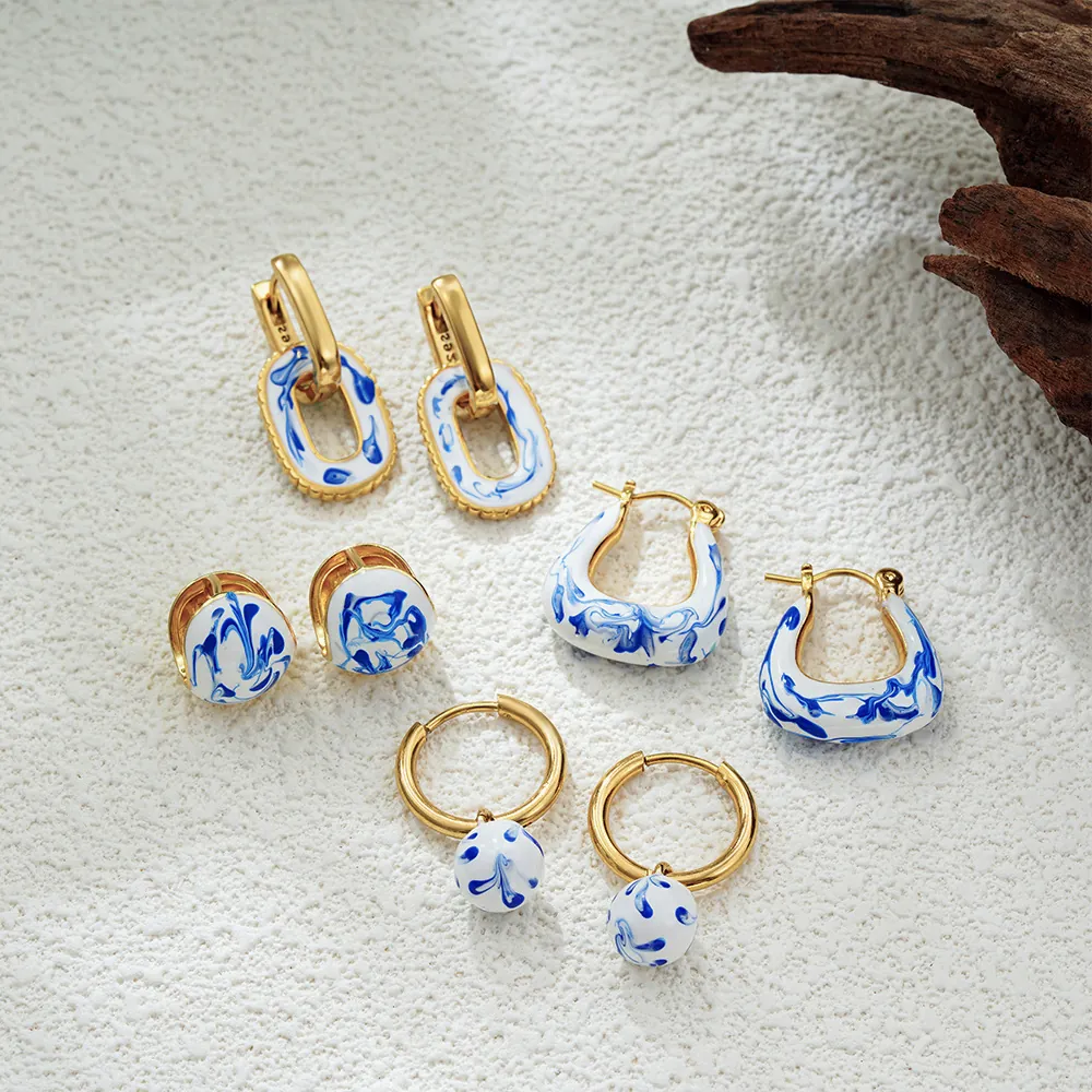 Blue And White Porcelain Hoop Earrings Copper 18K Gold Plated Enamel Geometric Chinese Style With 925 Sterling Silver Earring Post