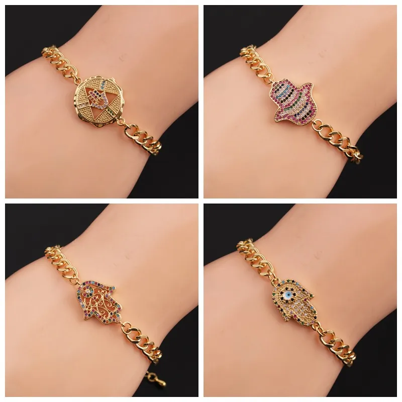 Bracelet Main De Fatima Oeil Maléfique Cuivre Plaqué Or Zircon Coloré Chaîne Cubaine Bijoux Ethniques Bohèmes Pour Femmes