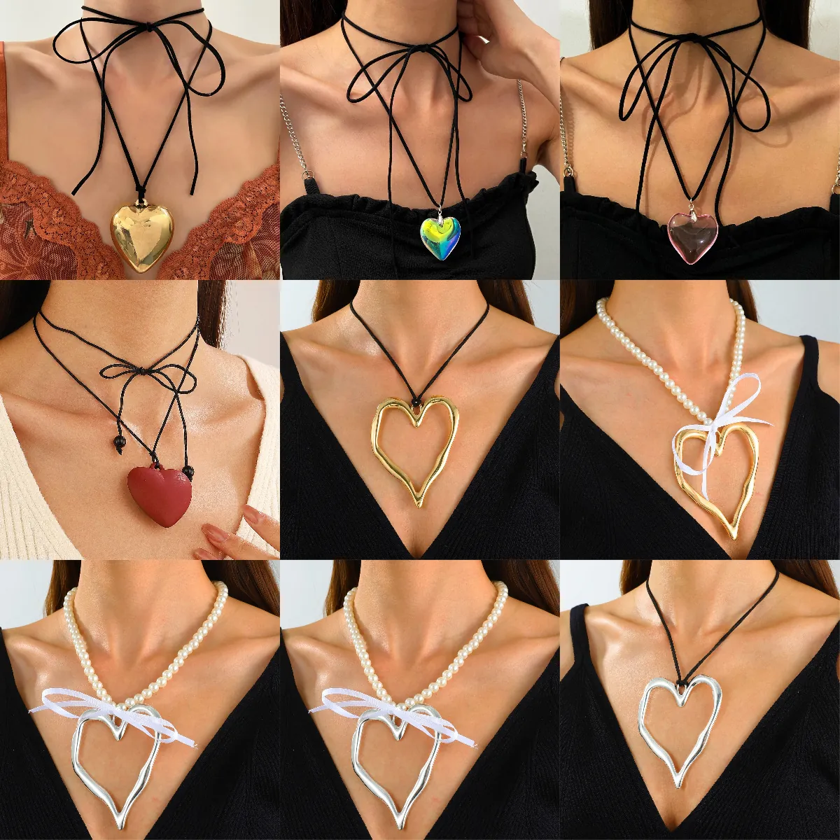 Collier Pendentif Cœur Creux Irrégulier Exagéré Pour Femmes Imitation Künstliche Perle Nœud Ruban Bijoux En Alliage