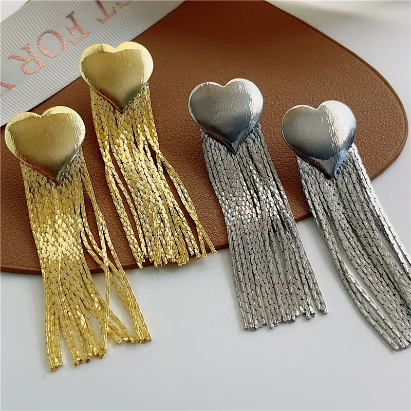 Heart Tassel Drop Earrings Titanium Steel 18K Gold Plated Hypoallergenic Long Chain Hip Hop Exaggerated Style For Women