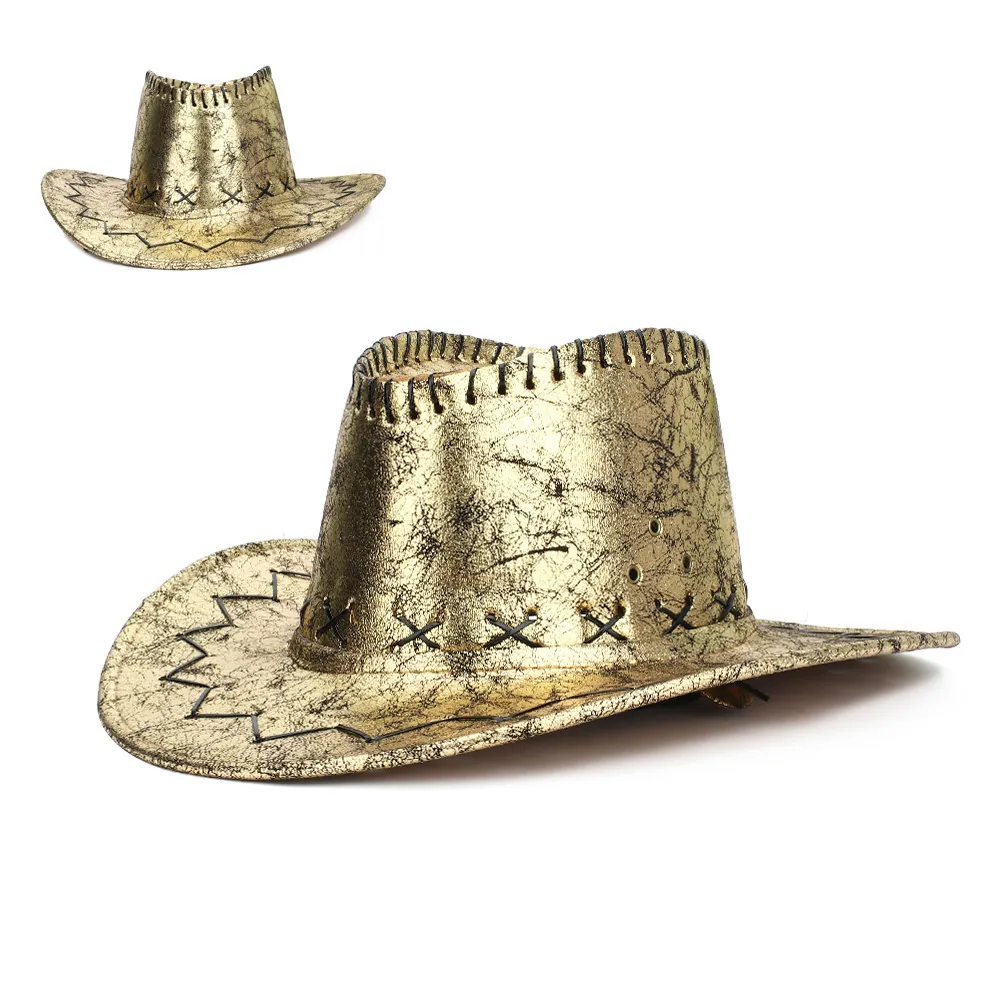 Western Cowboy Hat Distressed Faux Leather Wide Brim Crackle Texture Vintage Retro Style Outdoor Travel Stage Performance