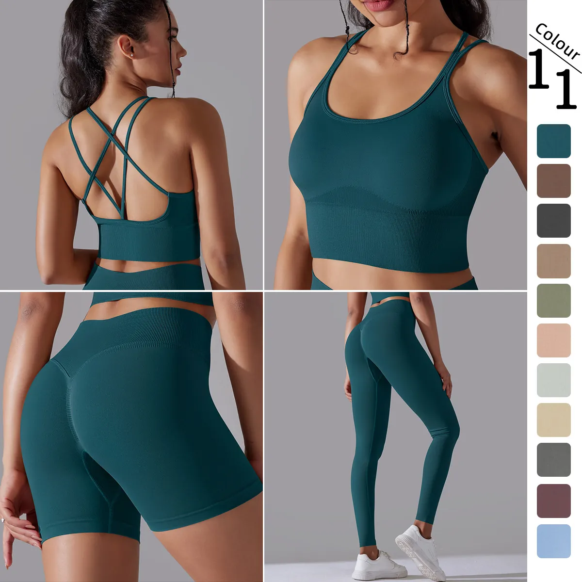 Women Seamless Yoga Set Ribbed Nylon Spandex Cross Back Sports Bra High Waist Shorts Leggings Fitness Gym Workout