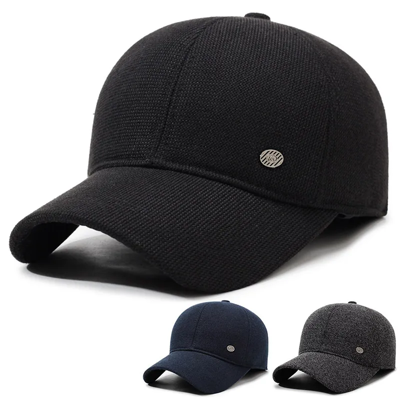 Warm Winter Baseball Cap For Men Elderly Fleece Lined Woolen Peaked Hat With Foldable Ear Flaps Windproof Dad Hat