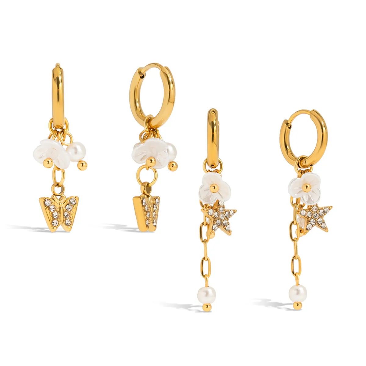 Boucles d'oreilles en Acier Inoxydable Plaqué Or 18K Zirconium Papillon Étoile Fleur Künstliche Perle pour Femmes Bijoux de Fête