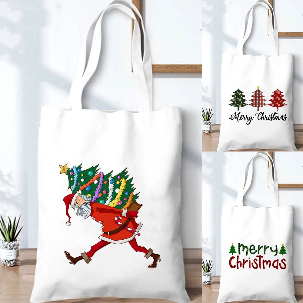 Christmas Canvas Tote Bag Reusable Shopping Handbag Festive Santa Claus Holiday Print White Cotton Shoulder Grocery Bag