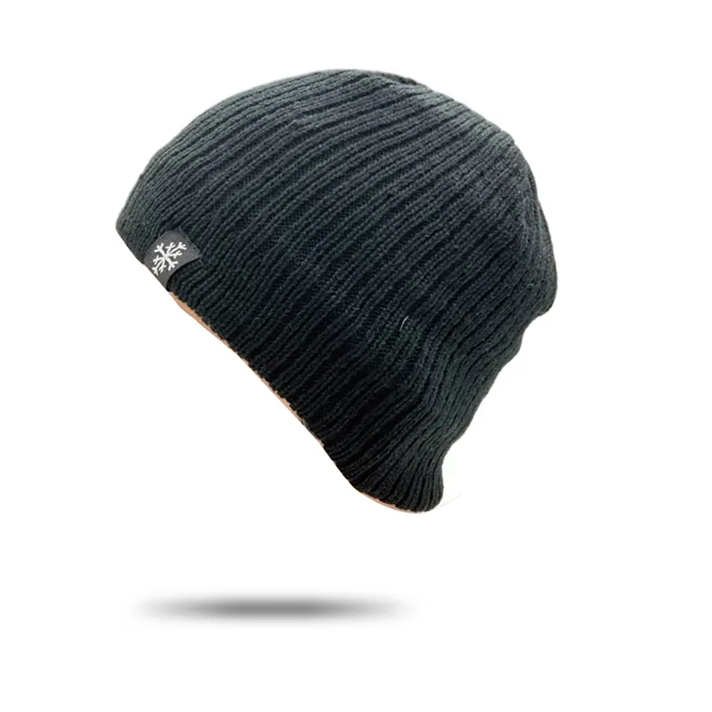Men Knitted Beanie Hat Acrylic Warm Windproof Rib-Knit Winter Outdoor Riding Snowflake Patch Solid Color