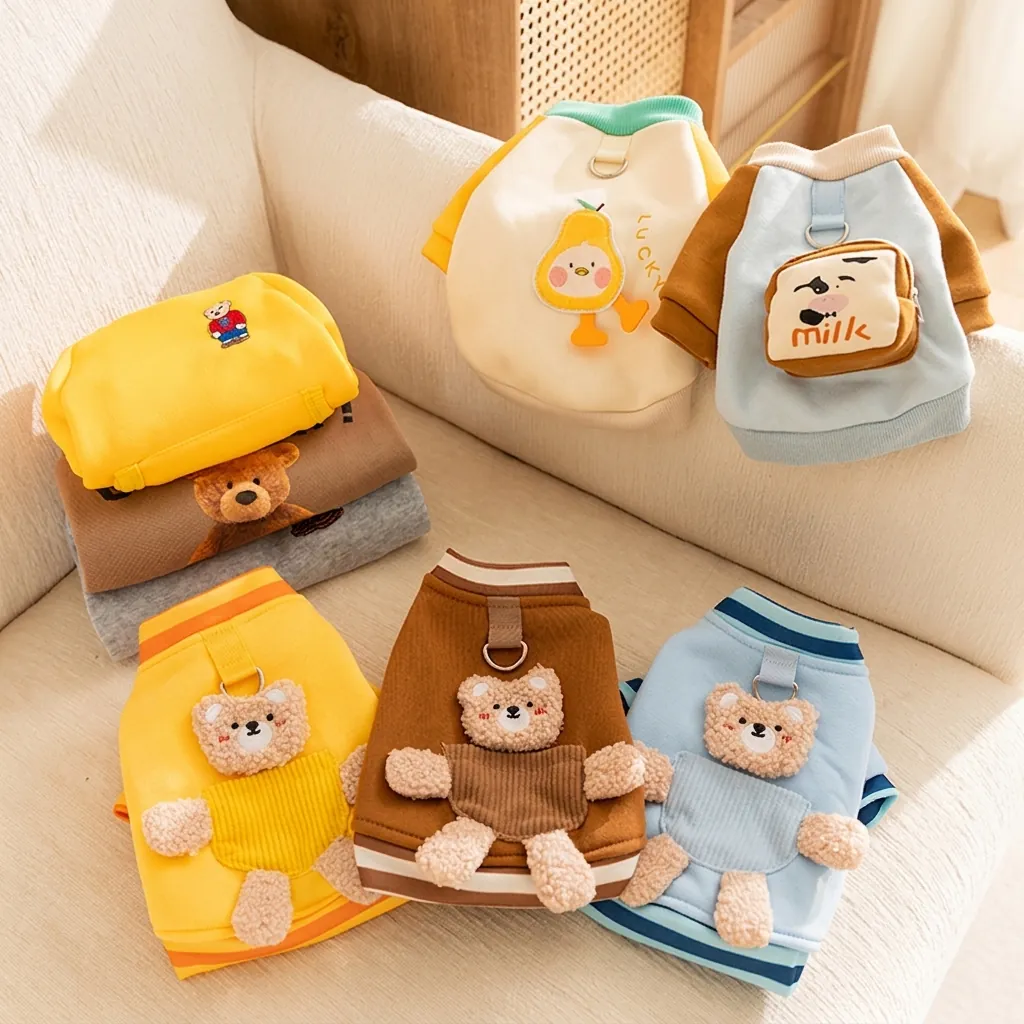 Warm Pet Hoodie Vest Sherpa Fleece Lamb Wool Leash D-Ring Cartoon Motif Clothing For Small Medium Dogs Cats Cozy