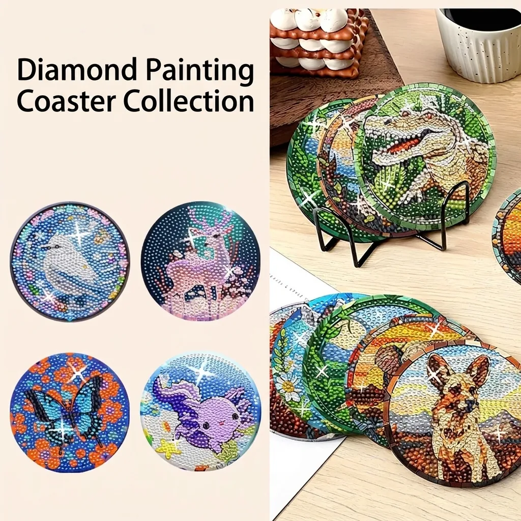 DIY Diamond Painting Coasters Acrylic Round Mandala Animal Patterns With Holder Heat Resistant Home Table Decor
