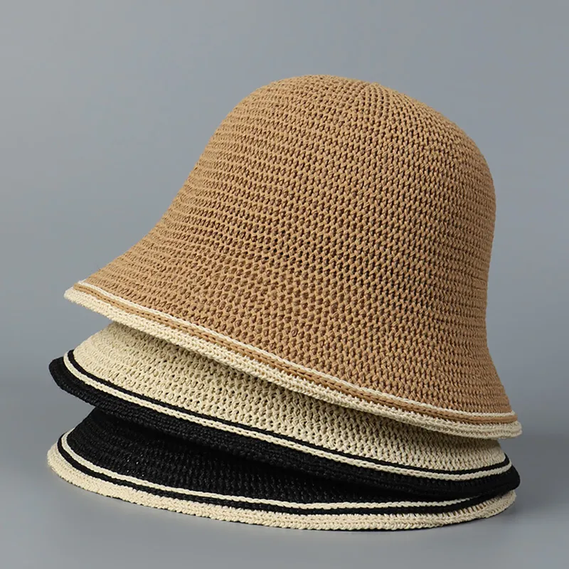 Women Bucket Hat Cotton Polyester Blend Knitted Breathable Sunshade Foldable Contrast Trim Simple Elegant
