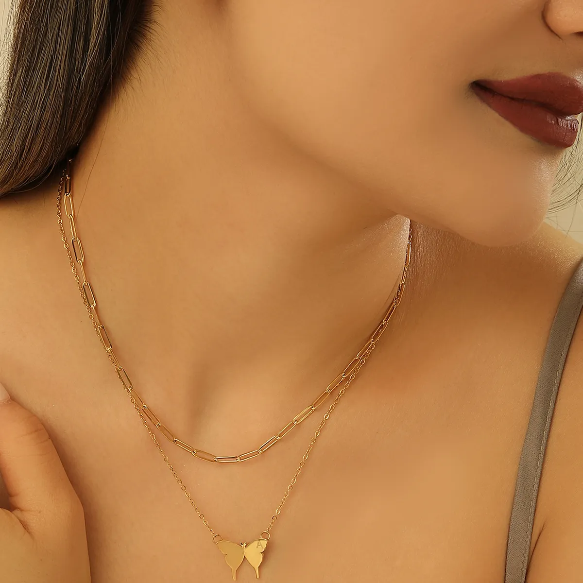 Women Stainless Steel Double Layered Butterfly Initial Letter Pendant Necklace 18K Gold Plated Paperclip O-Link Chain Fashion Jewelry Gift