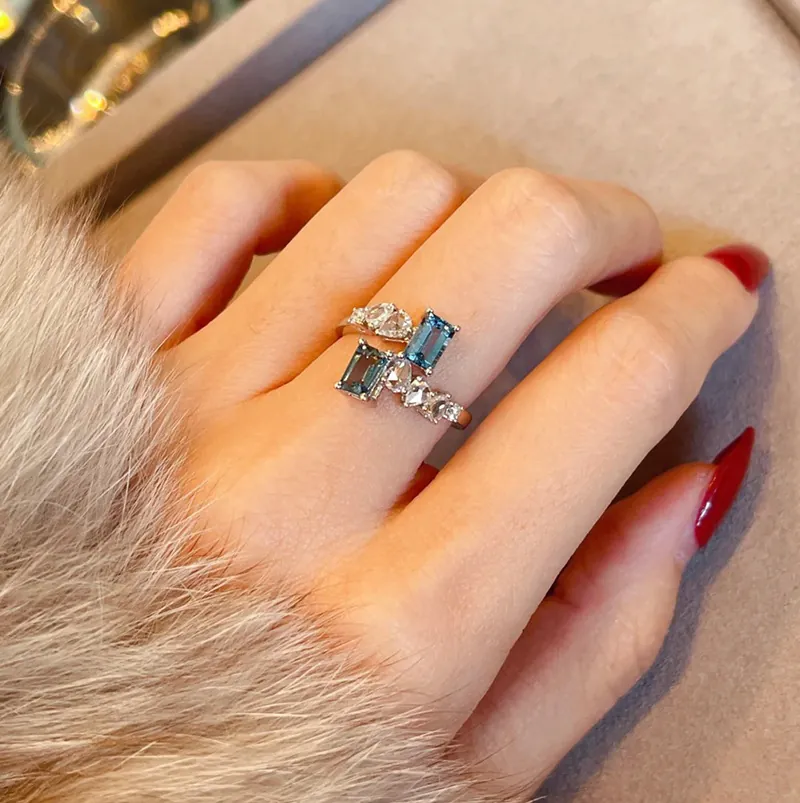 Kupfer Verstellbarer Ring Rechteckiger Blauer Zirkonia Asymmetrischer Geometrischer Luxus Eleganter Schmuck Für Damen