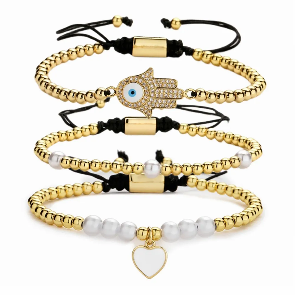 Bracelet Perles Réglable Cuivre Zircon Mauvais Œil Main De Fatma Pendentif Cœur Corde Tissée Bijoux Femmes Hommes
