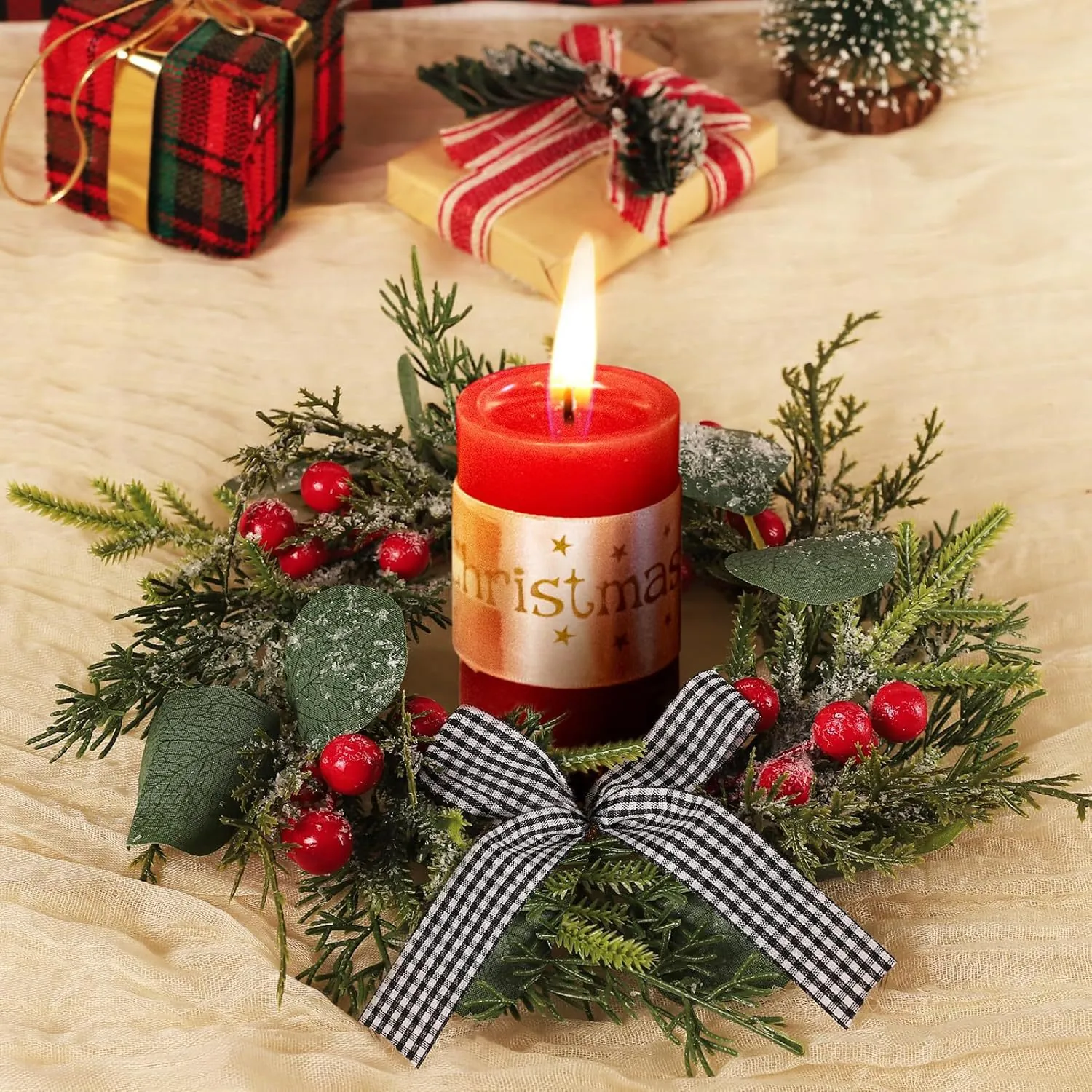 Christmas Candle Holder Wreath Artificial Pine Red Berry Frosted Leaf Plaid Bow Holiday Table Centerpiece Home Decor