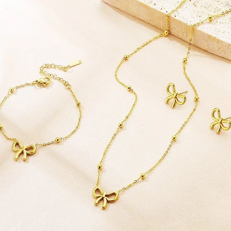 Women's Titanium Steel Jewelry Set Gold Plated Bowknot Necklace Bracelet Stud Earrings Sweet Bead Clavicle Chain Accessories