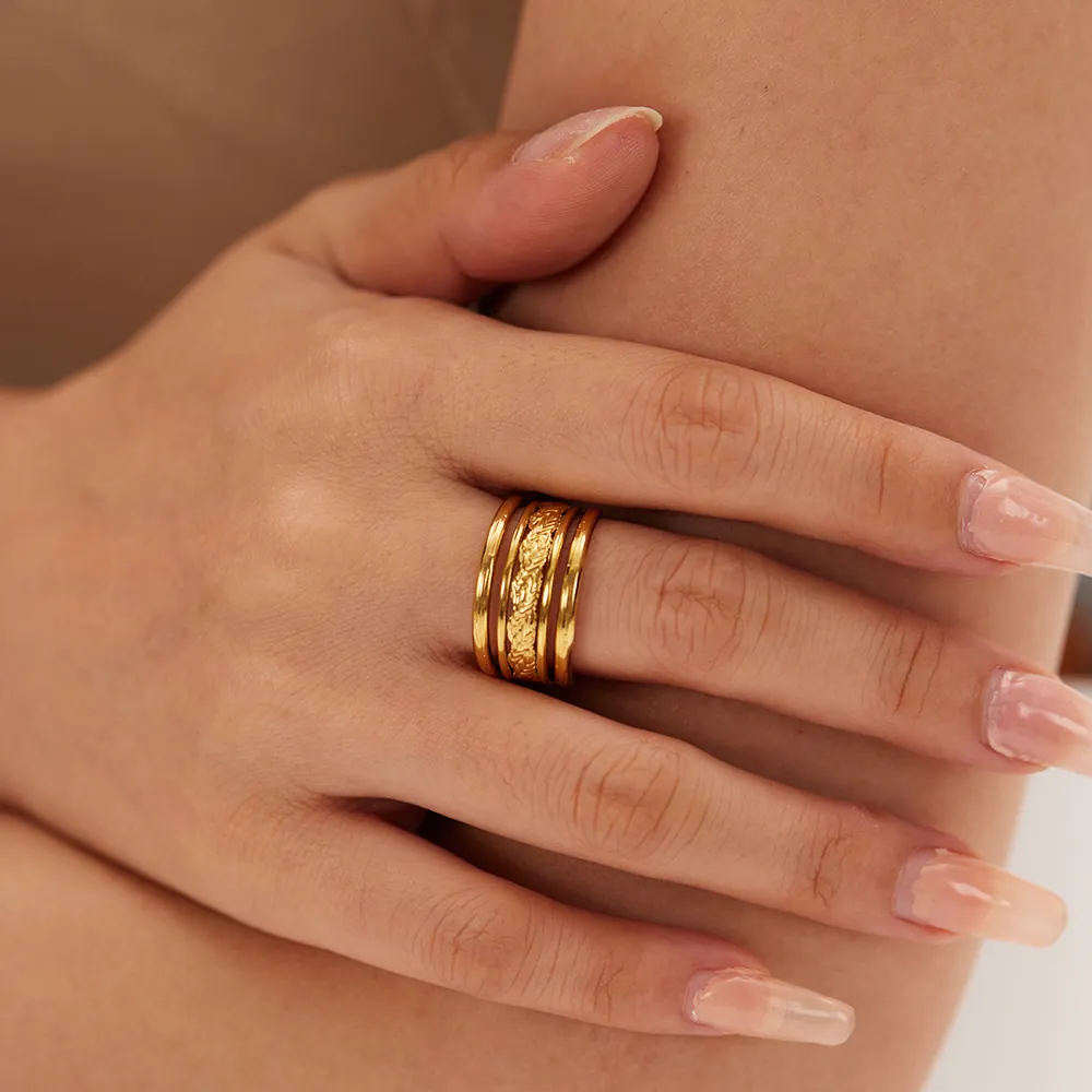 304 Stainless Steel Open Ring For Women French Vintage Multi Layer Gold Wheat Grain Texture Adjustable Finger Jewelry