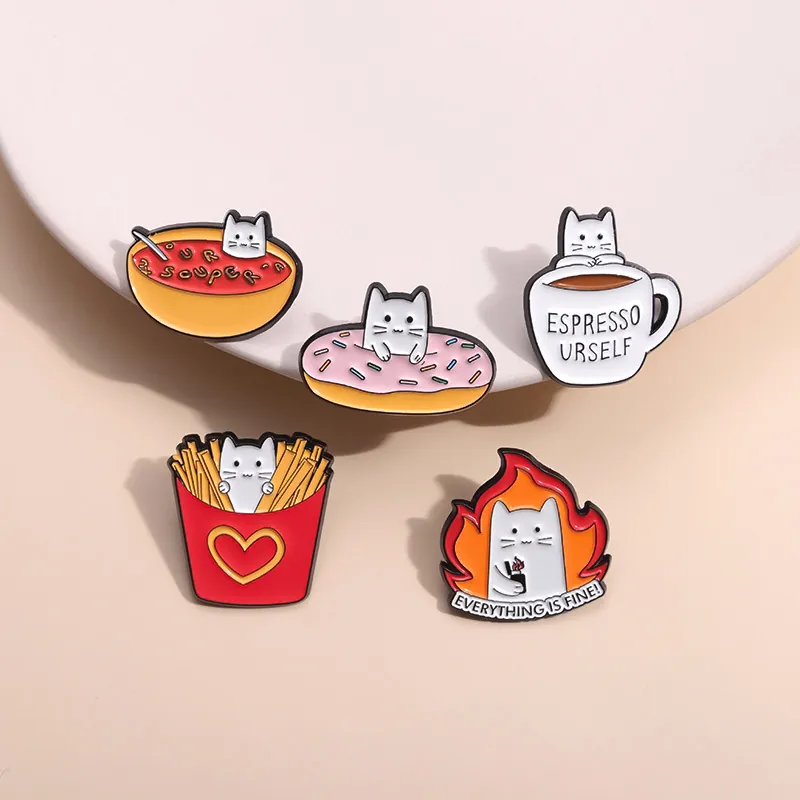 Funny Cartoon Cat Enamel Brooch Pins Zinc Alloy Food Coffee Fries Donut Meme Badge Lapel Pins For Clothing Bags