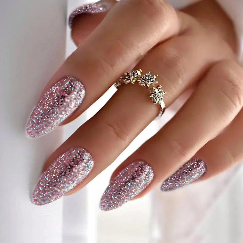 Almond Press On Nails Glitter Pink Purple Sparkling Artificial Fake Nails Glossy Manicure For Women